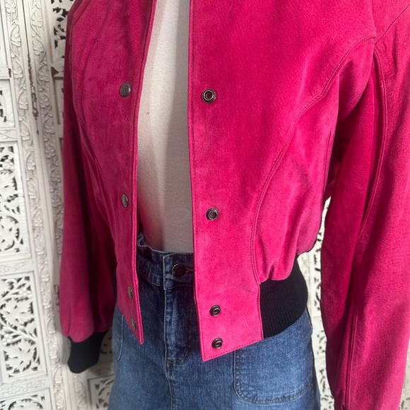Vintage Chia Hot Pink Suede Leather Western Button Up Shoulder Pad Jacket - Picture 4 of 9